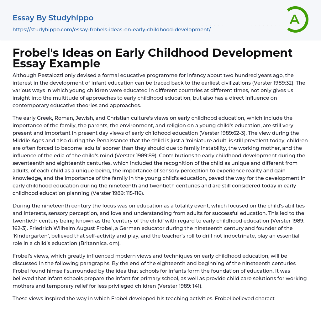 Frobel’s Ideas on Early Childhood Development Essay Example