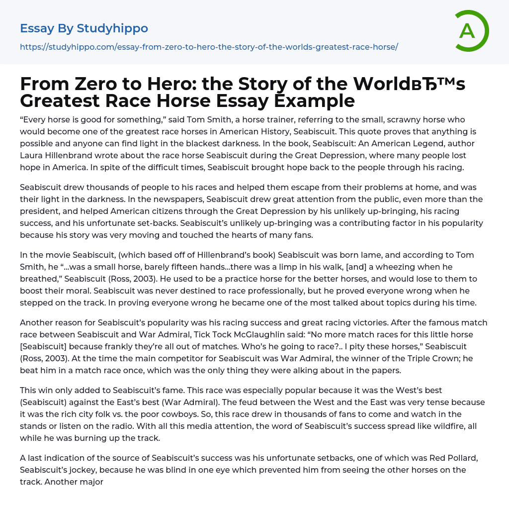 From Zero to Hero: the Story of the World’s Greatest Race Horse Essay Example