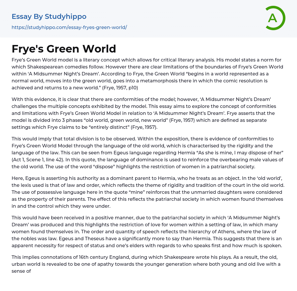 Frye’s Green World Essay Example