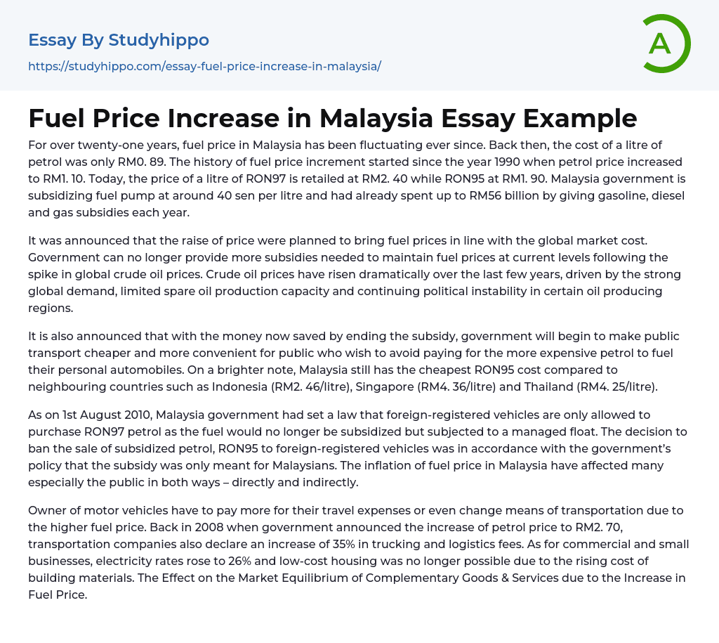 Fuel Price Increase in Malaysia Essay Example