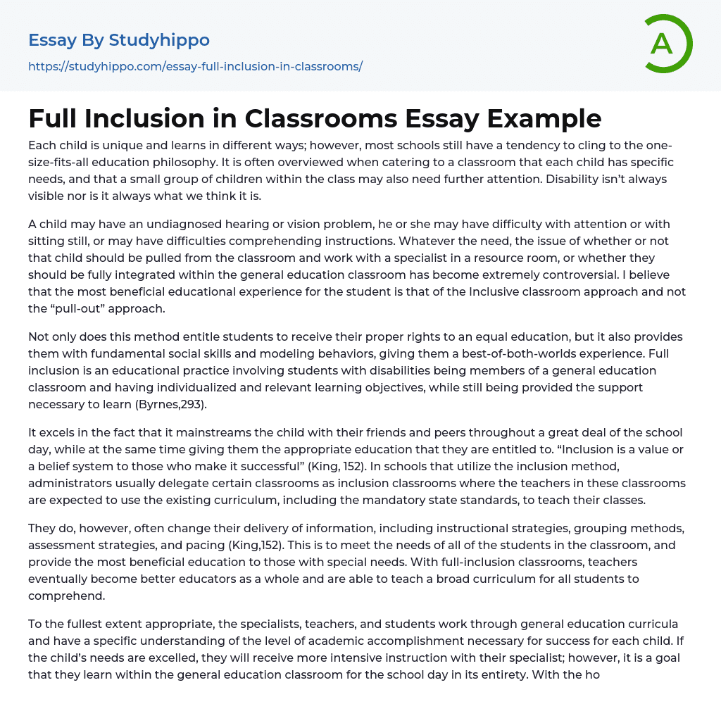 Full Inclusion in Classrooms Essay Example