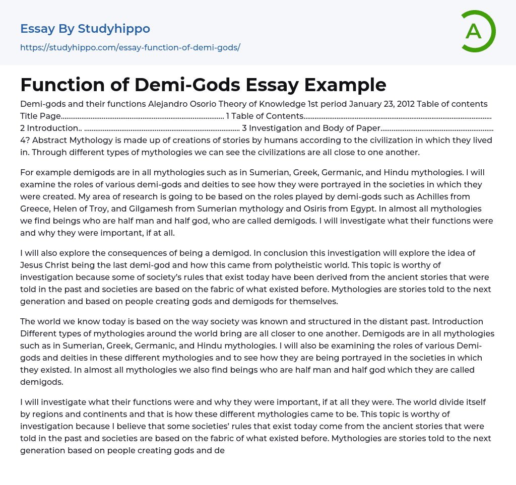 Function of Demi-Gods Essay Example