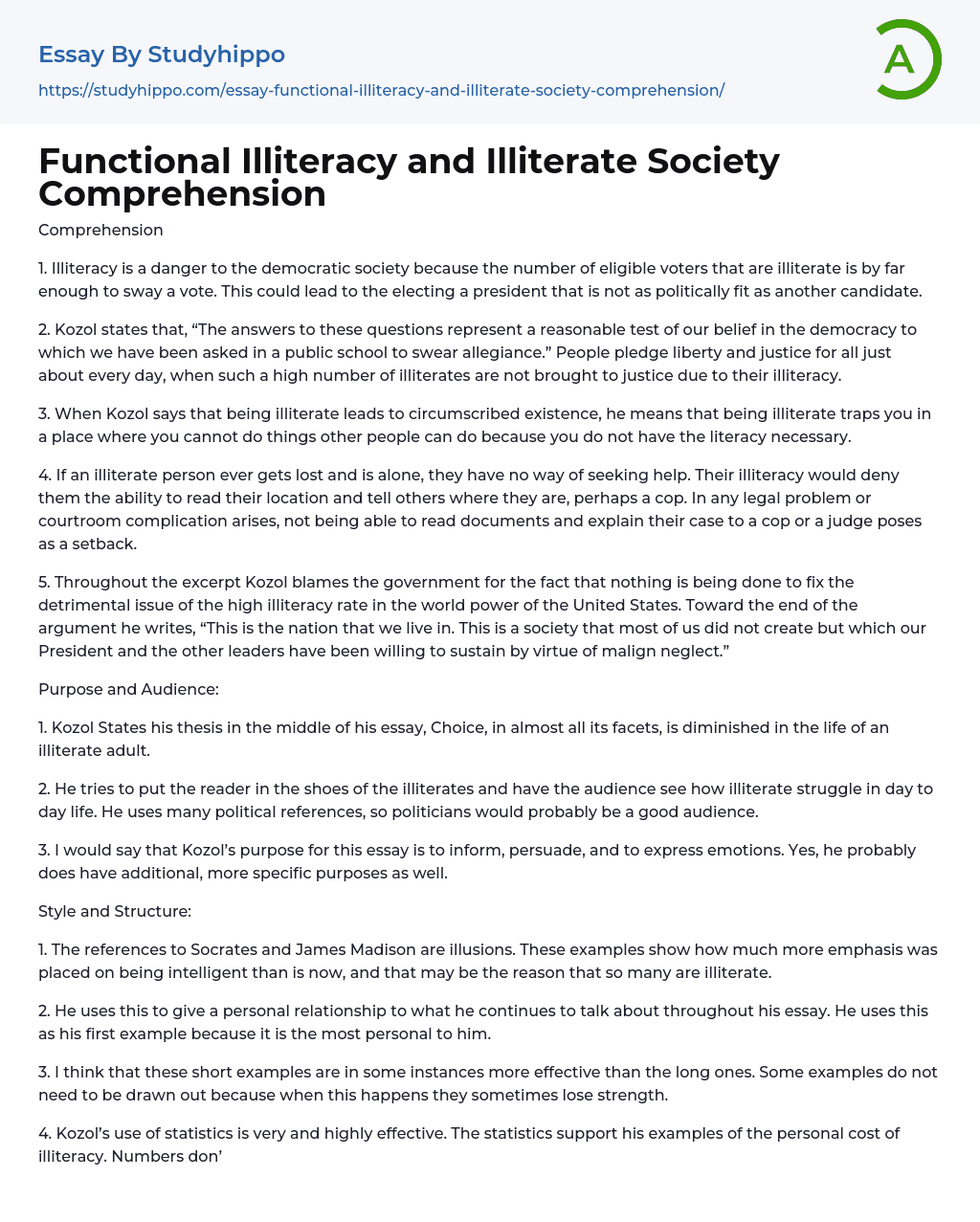 Functional Illiteracy and Illiterate Society Comprehension Essay Example