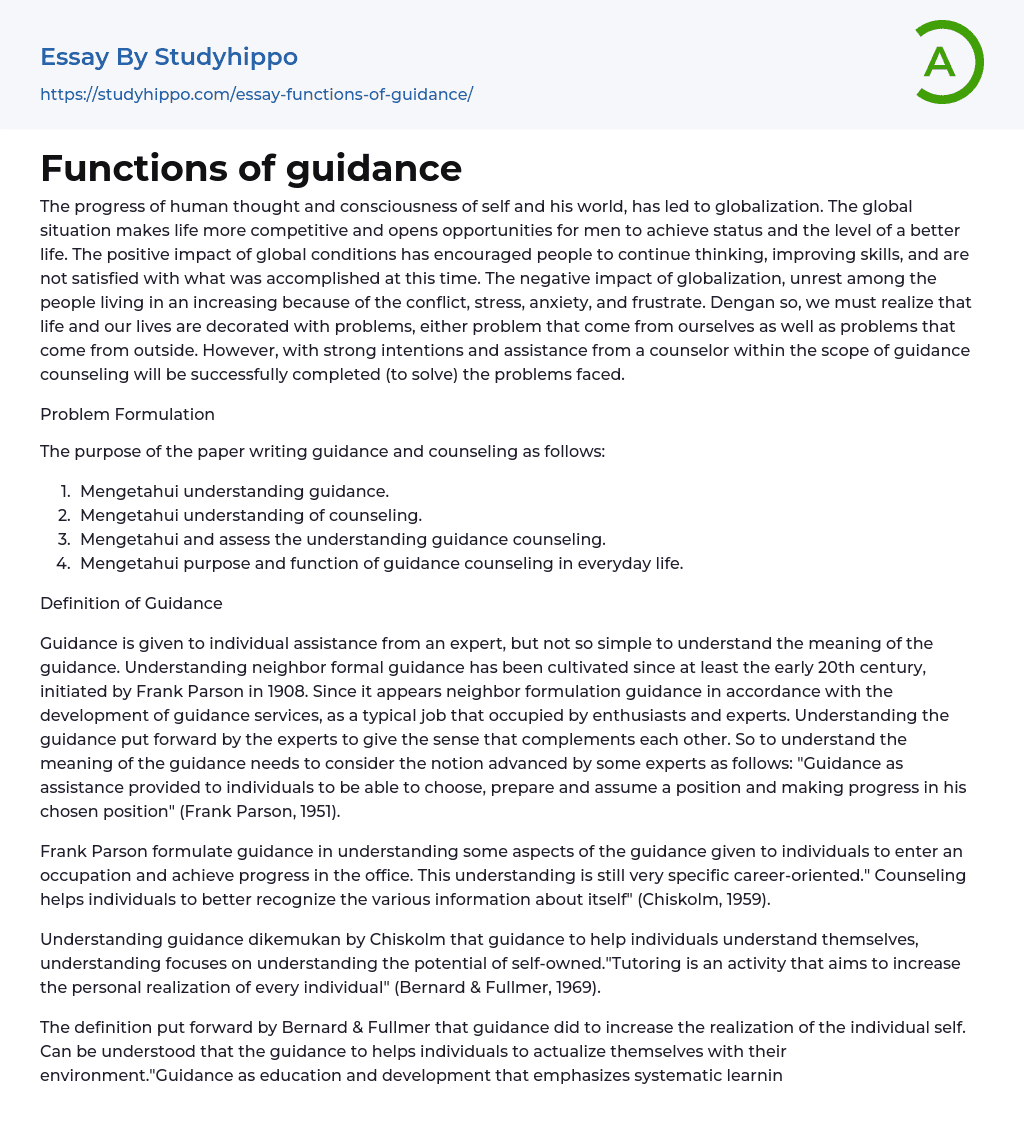 Functions of guidance Essay Example