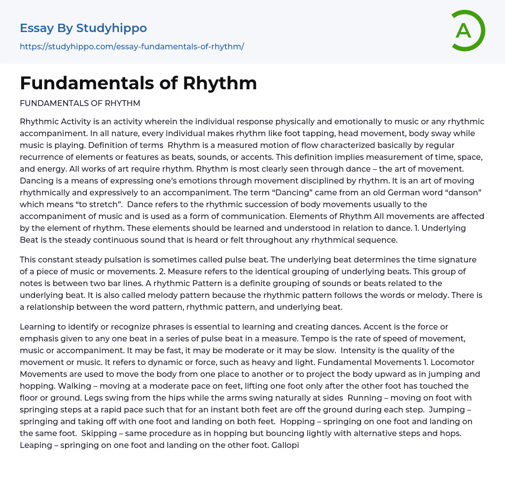 Fundamentals of Rhythm Essay Example
