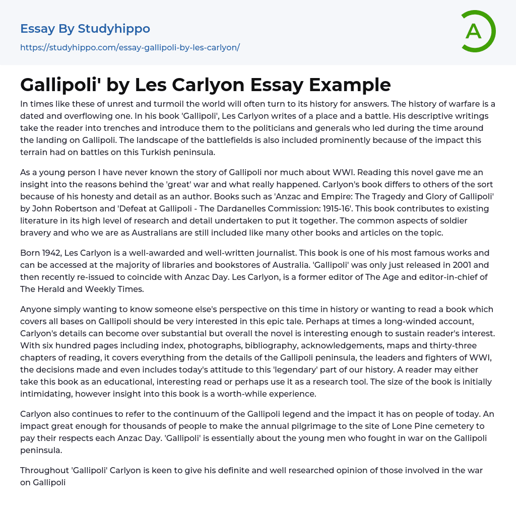 Gallipoli’ by Les Carlyon Essay Example
