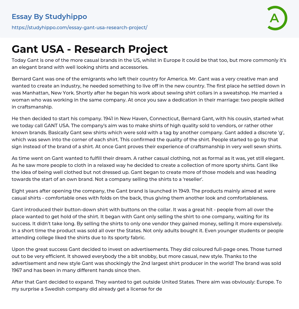 Gant USA – Research Project Essay Example