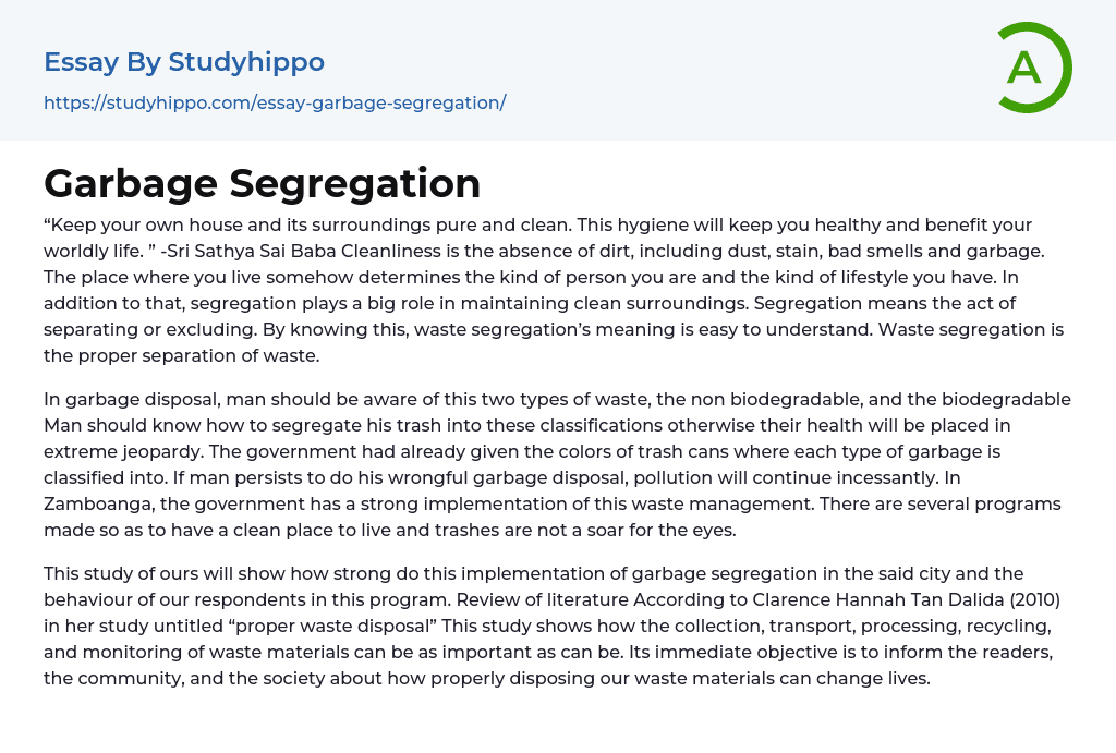 Garbage Segregation Essay Example