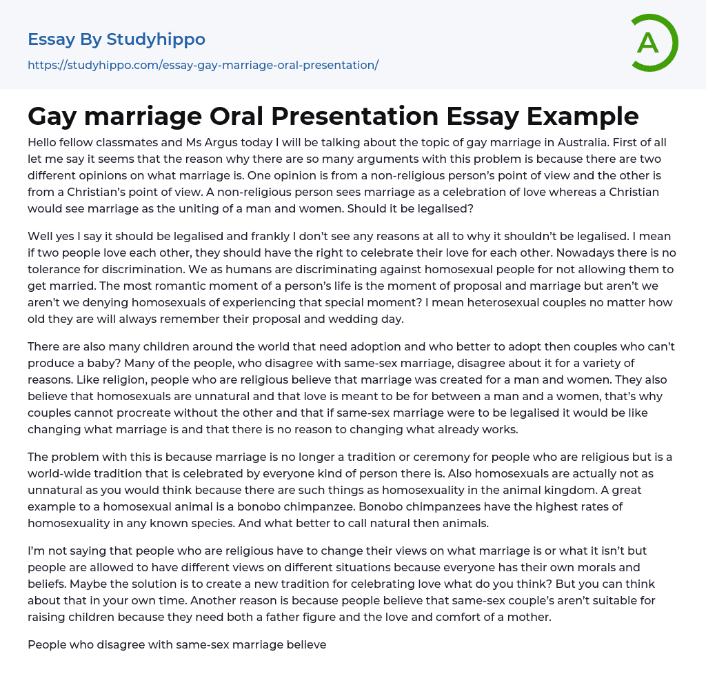 Gay marriage Oral Presentation Essay Example
