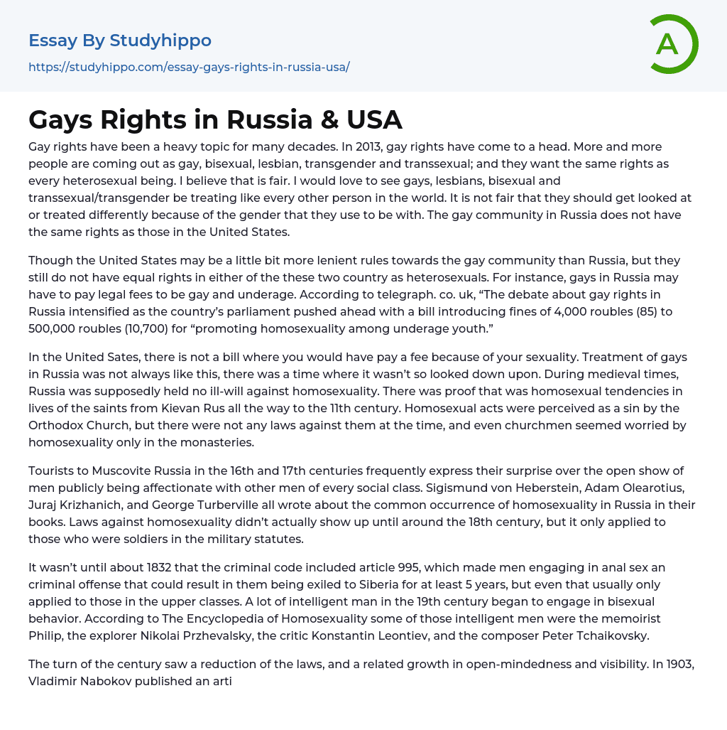 Gays Rights in Russia & USA Essay Example