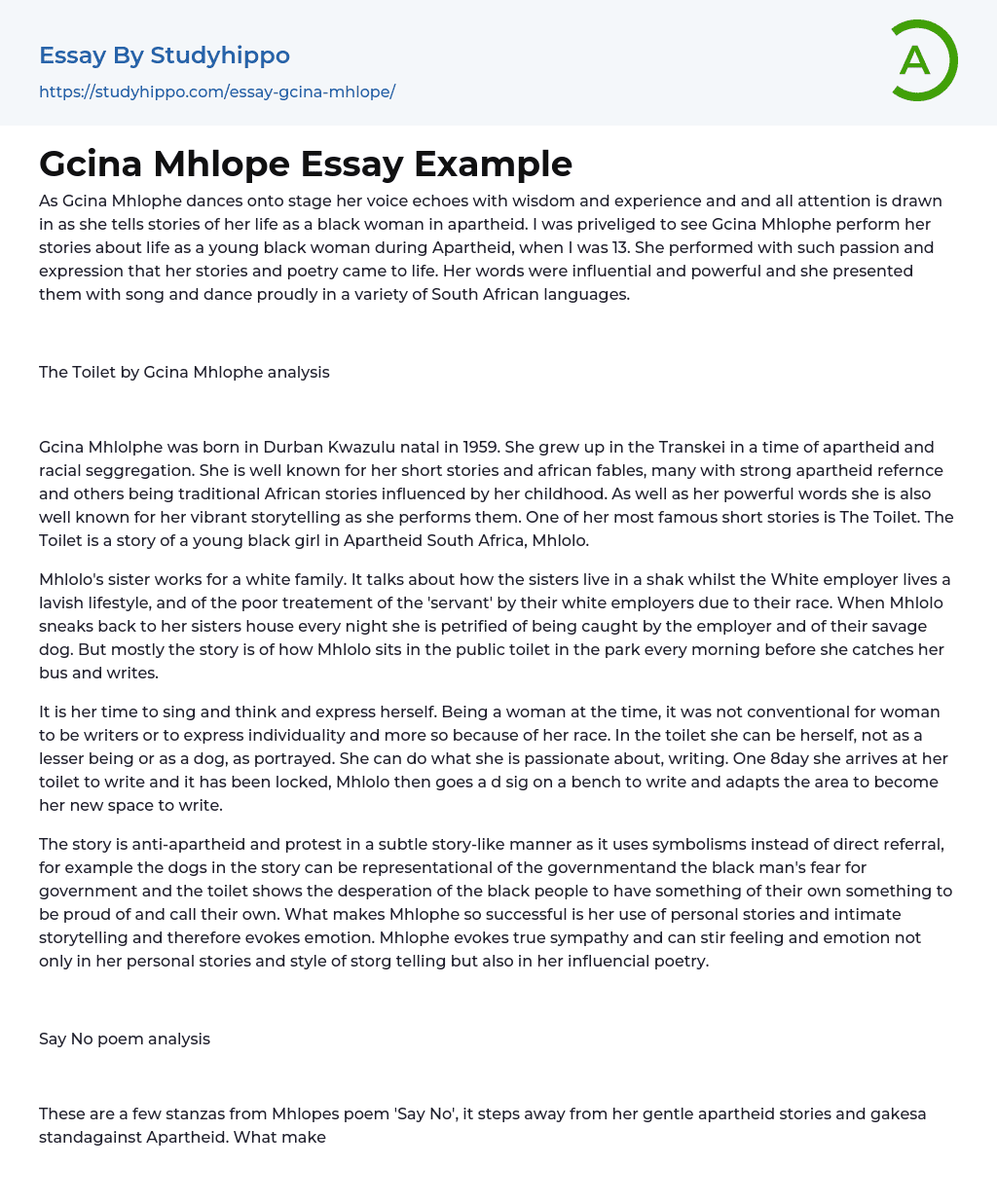 Gcina Mhlope Essay Example