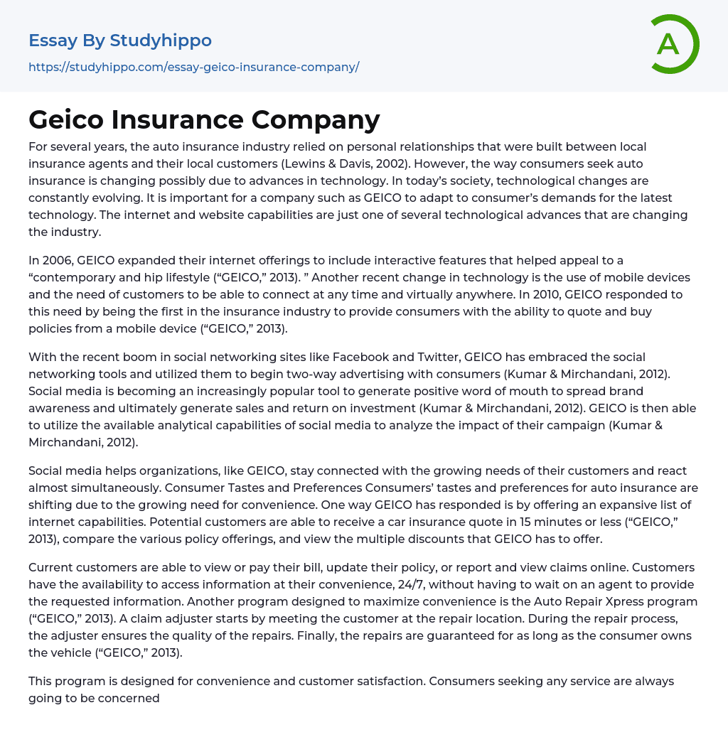 Geico Insurance Company Essay Example
