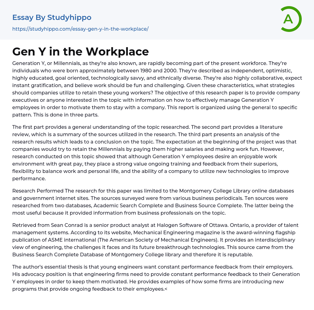 Gen Y in the Workplace Essay Example