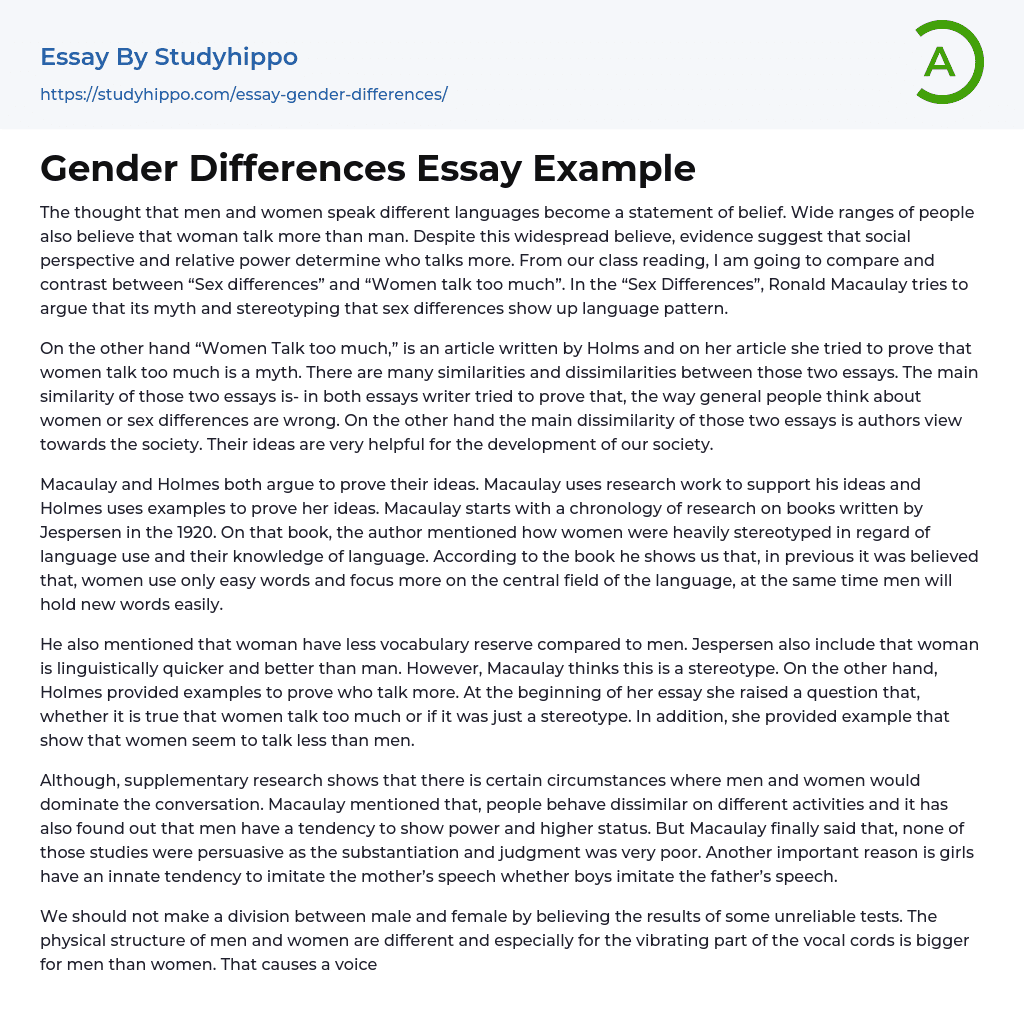 Gender Differences Essay Example