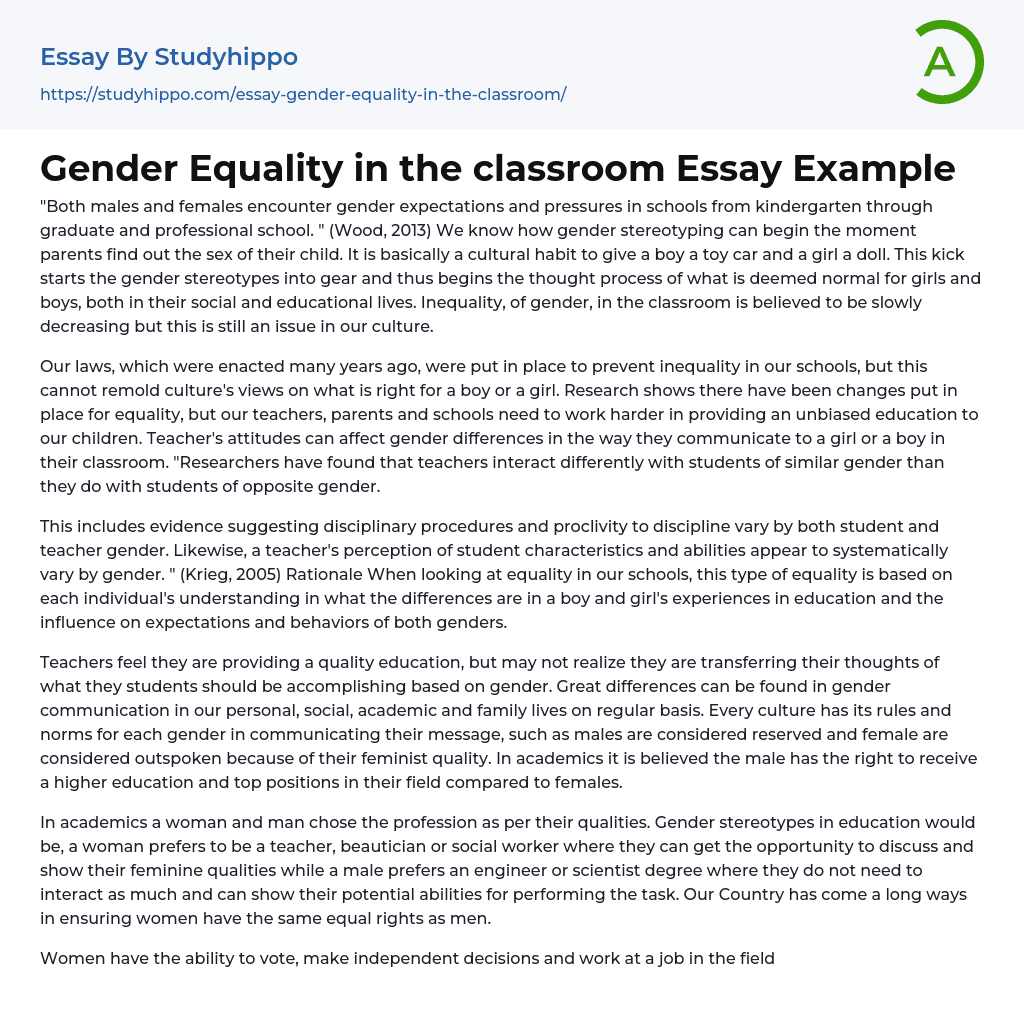 Gender Equality in the classroom Essay Example