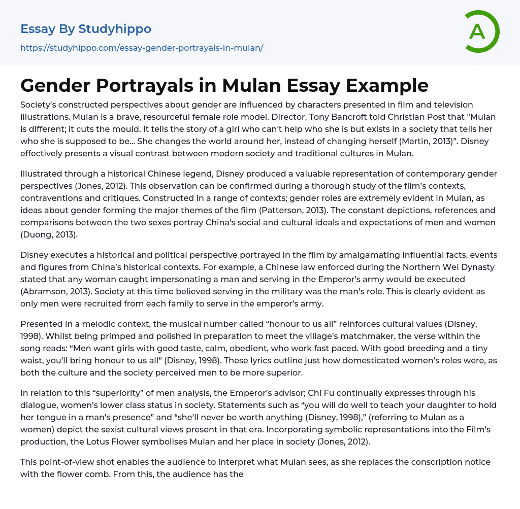 Gender Portrayals in Mulan Essay Example