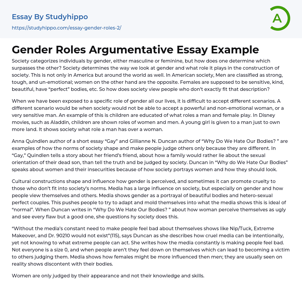 Gender Roles Argumentative Essay Example