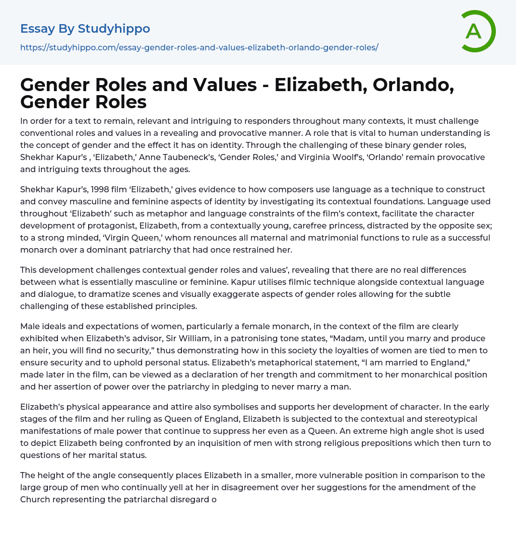 Gender Roles and Values – Elizabeth, Orlando, Gender Roles Essay Example