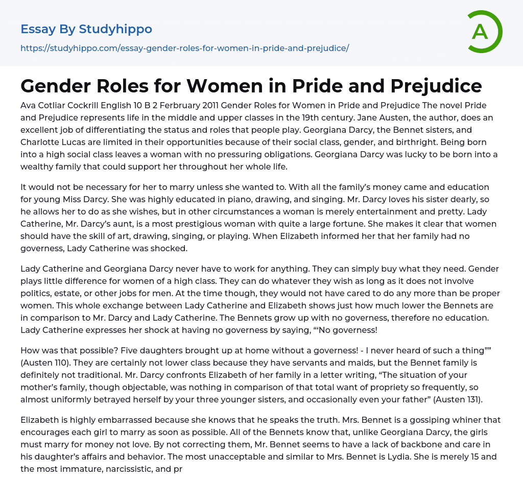 Gender Roles for Women in “Pride and Prejudice” Essay Example