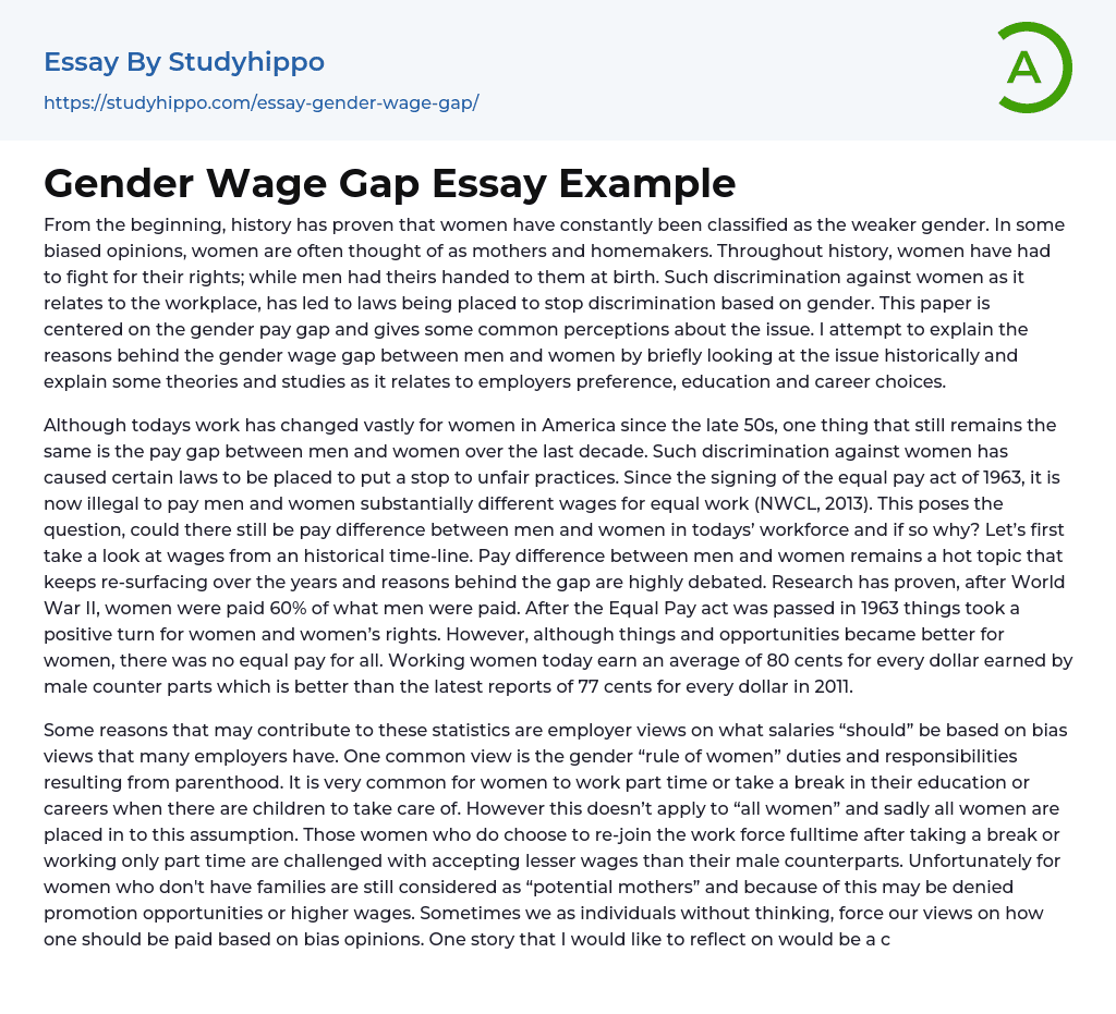 Gender Wage Gap Essay Example