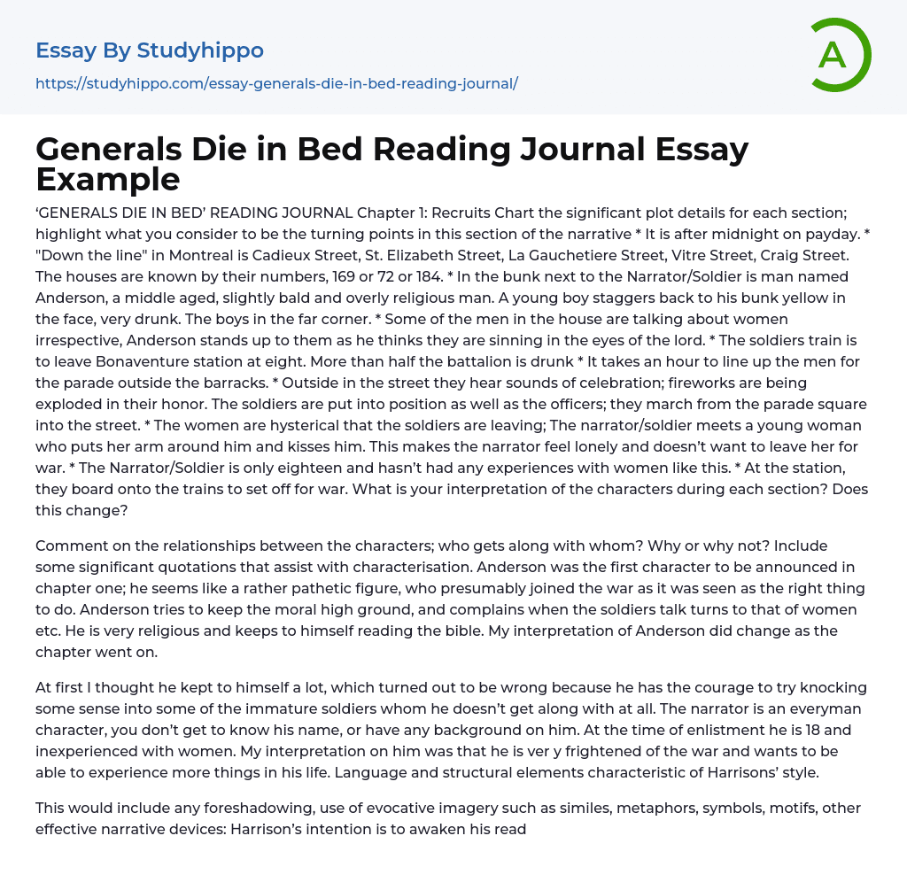 Generals Die in Bed Reading Journal Essay Example