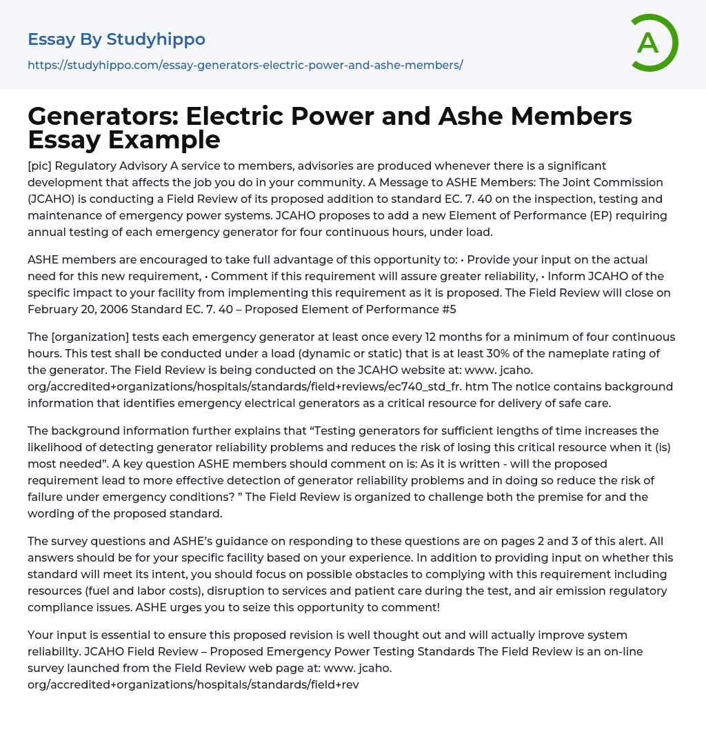 Generators: Electric Power and Ashe Members Essay Example