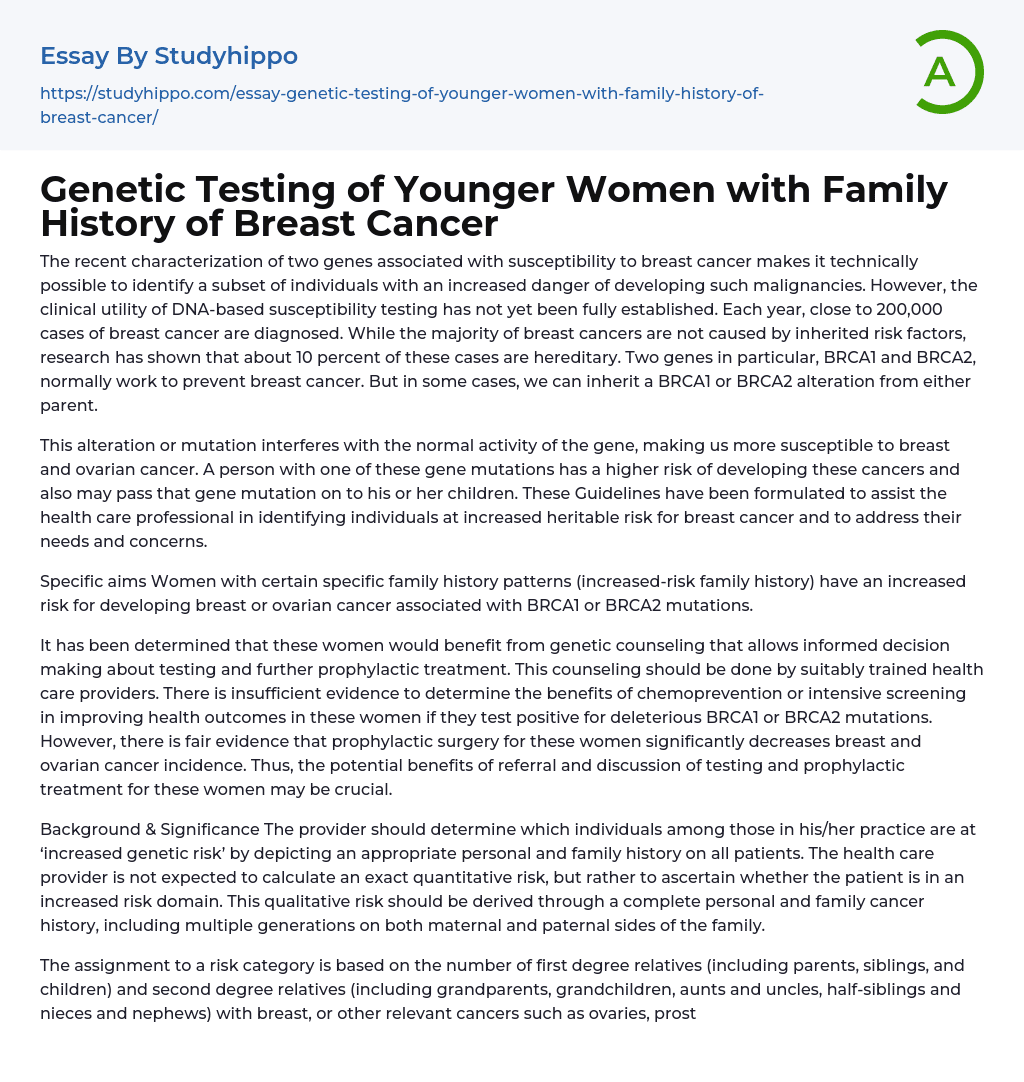 Genetic Testing of Younger Women with Family History of Breast Cancer Essay Example