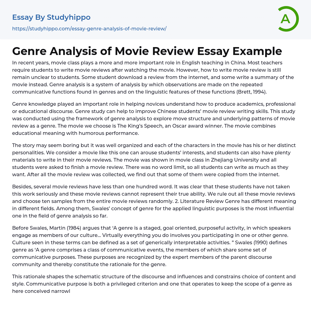 Genre Analysis of Movie Review Essay Example
