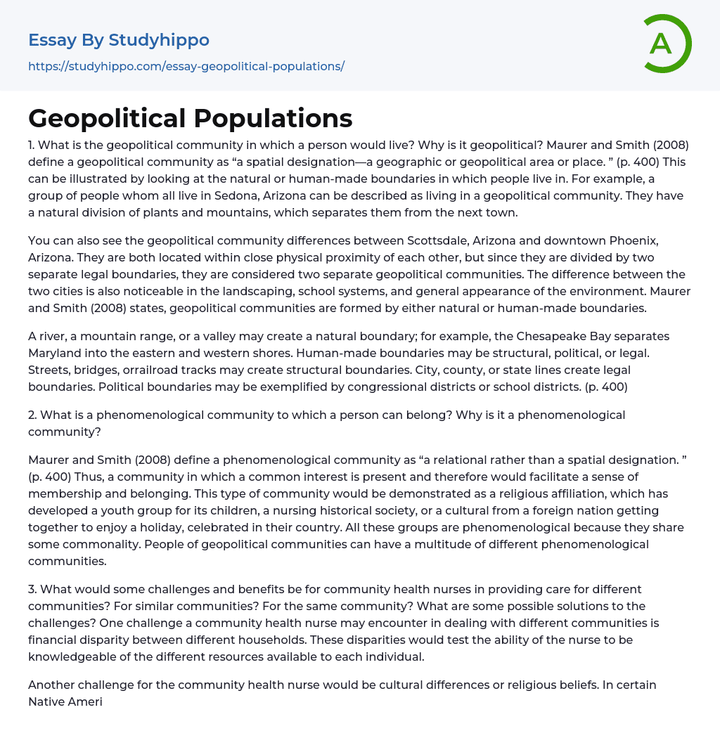 Geopolitical Populations Essay Example