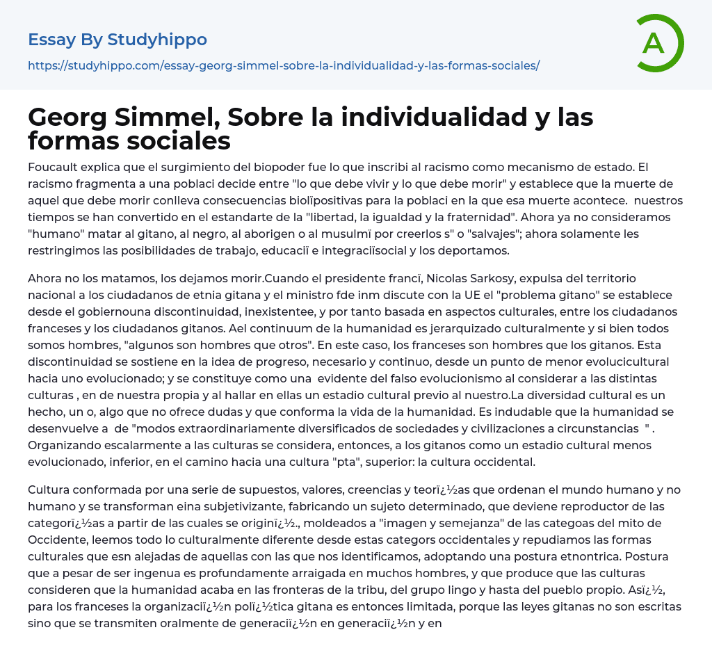 Georg Simmel, Sobre la individualidad y las formas sociales Essay Example
