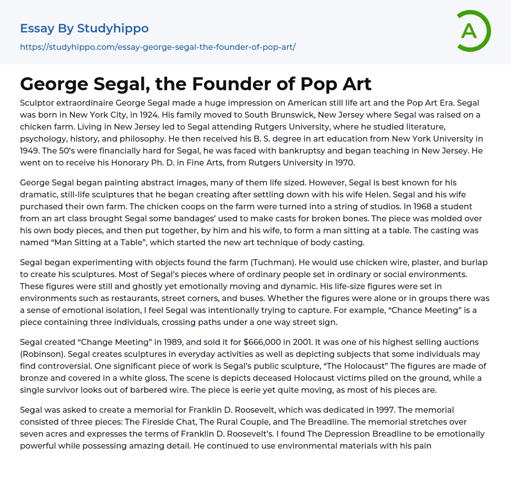 George Segal, the Founder of Pop Art Essay Example