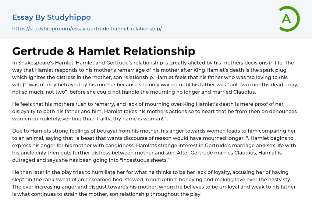 Gertrude & Hamlet Relationship Essay Example