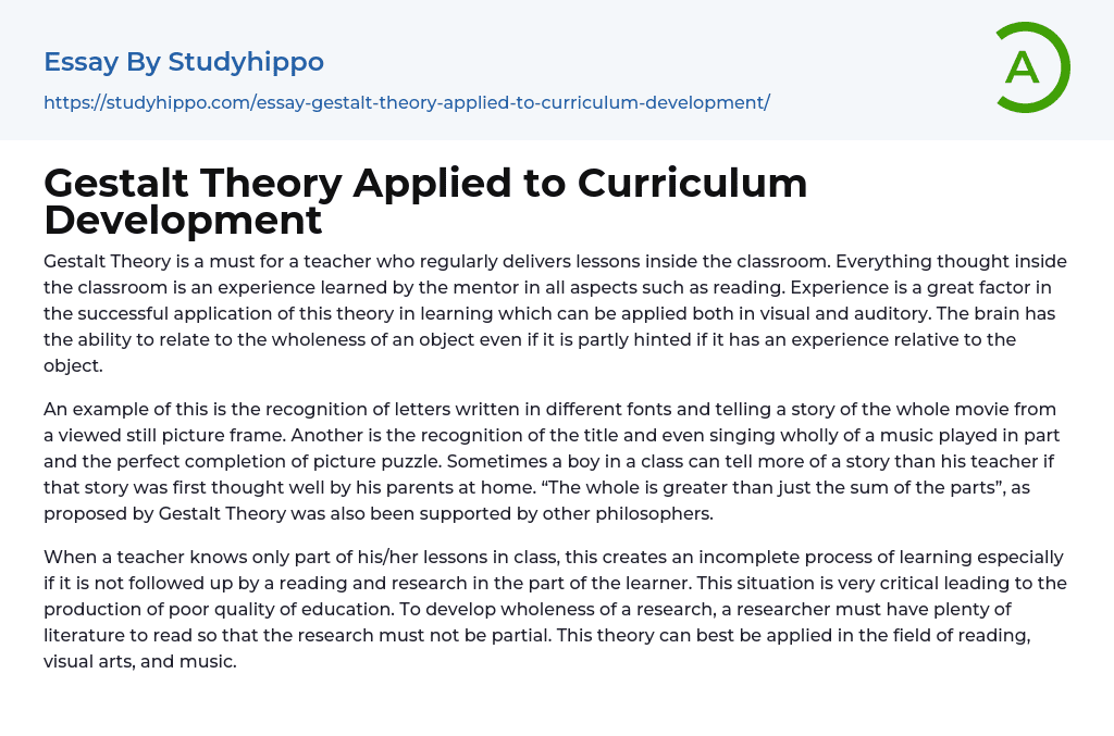 Gestalt Theory Applied to Curriculum Development Essay Example