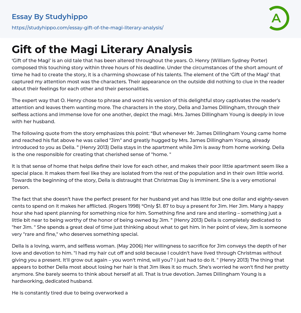 Gift of the Magi Literary Analysis Essay Example