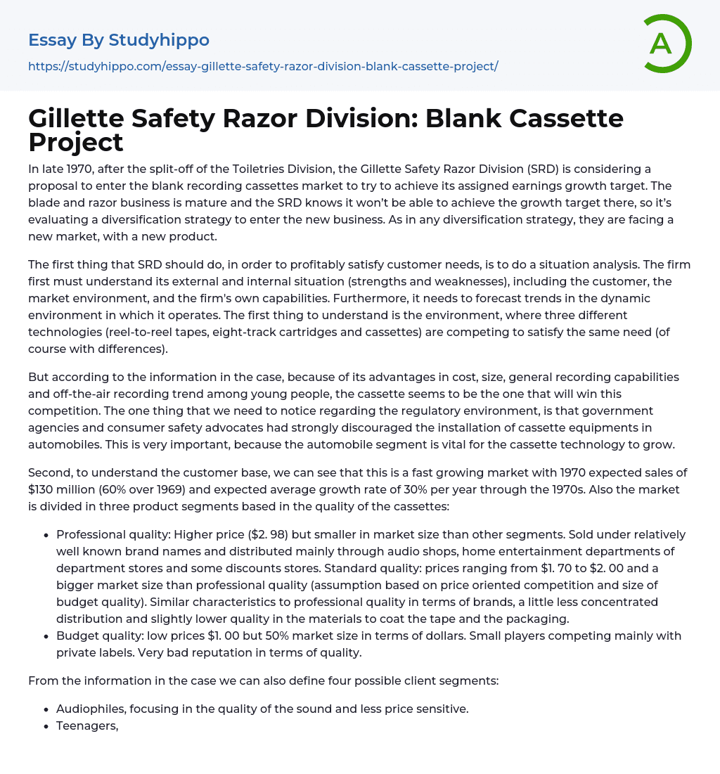 Gillette Safety Razor Division: Blank Cassette Project Essay Example