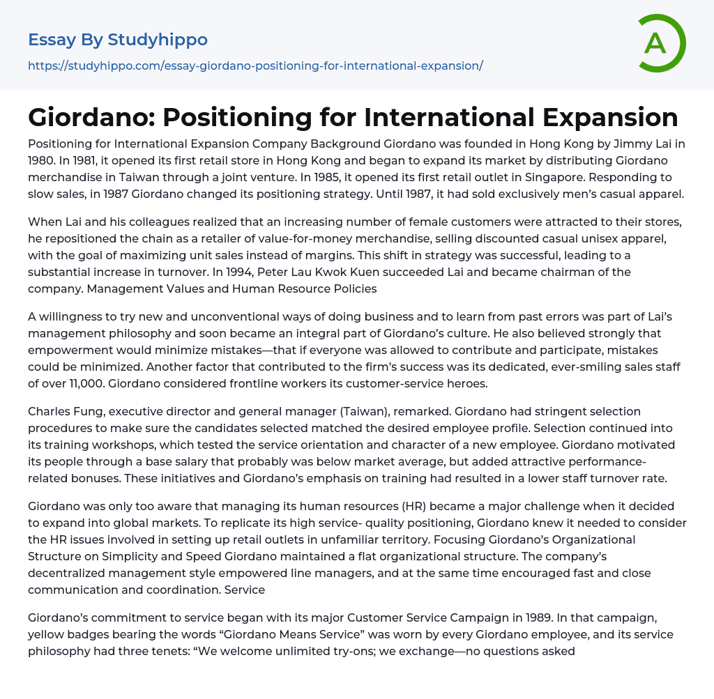 Giordano: Positioning for International Expansion Essay Example