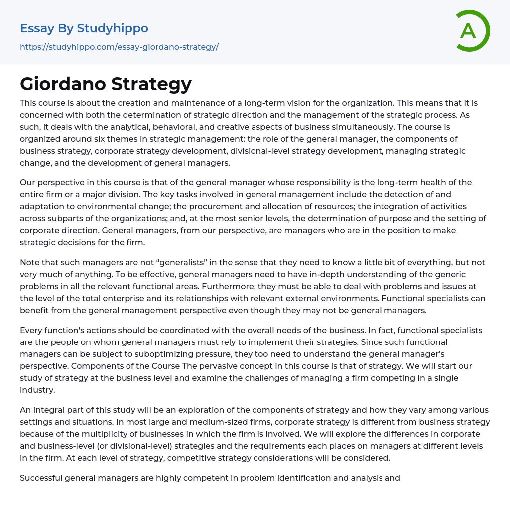 Giordano Strategy Essay Example