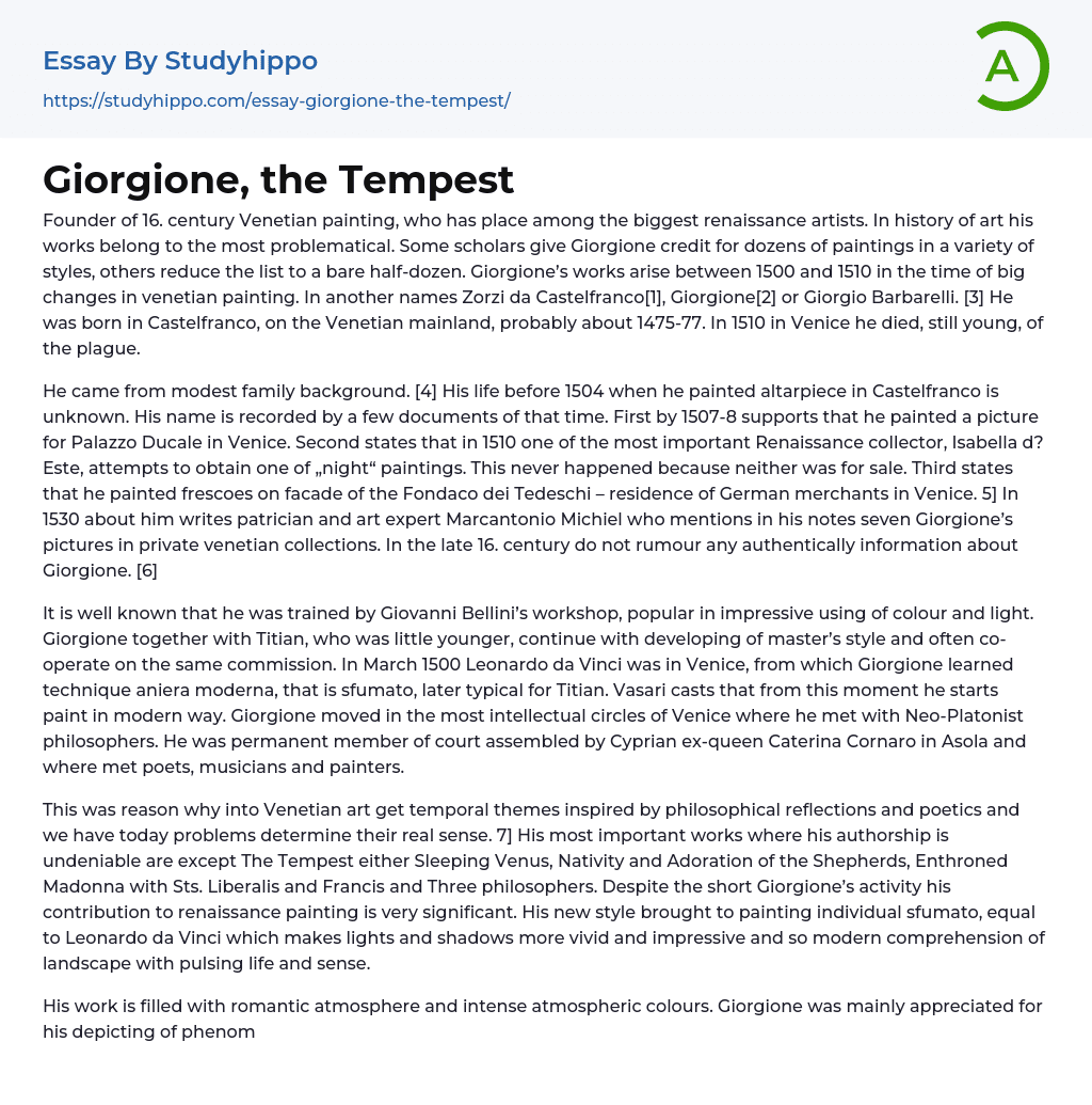 Giorgione, the Tempest Essay Example