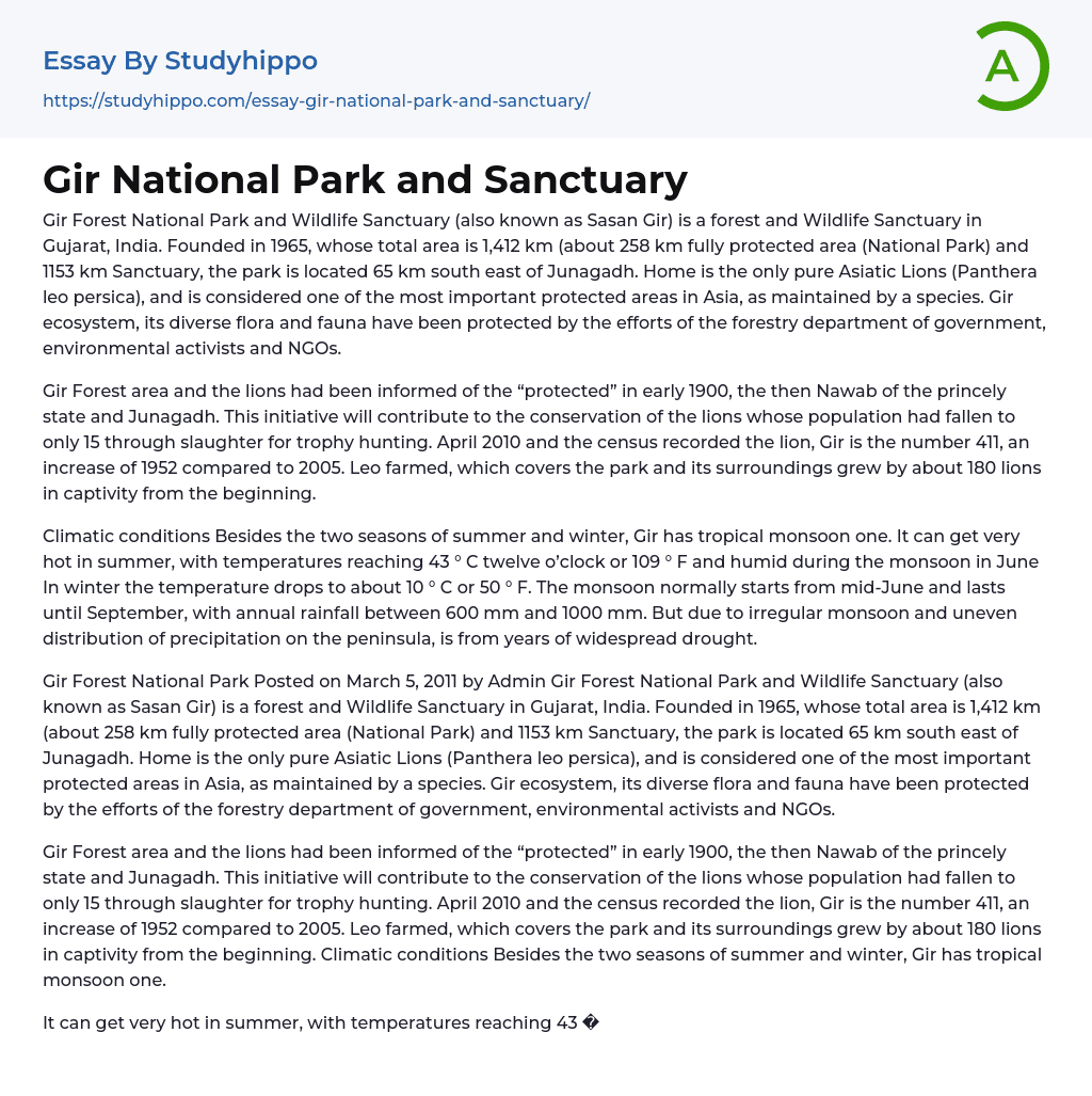 Gir National Park and Sanctuary Essay Example