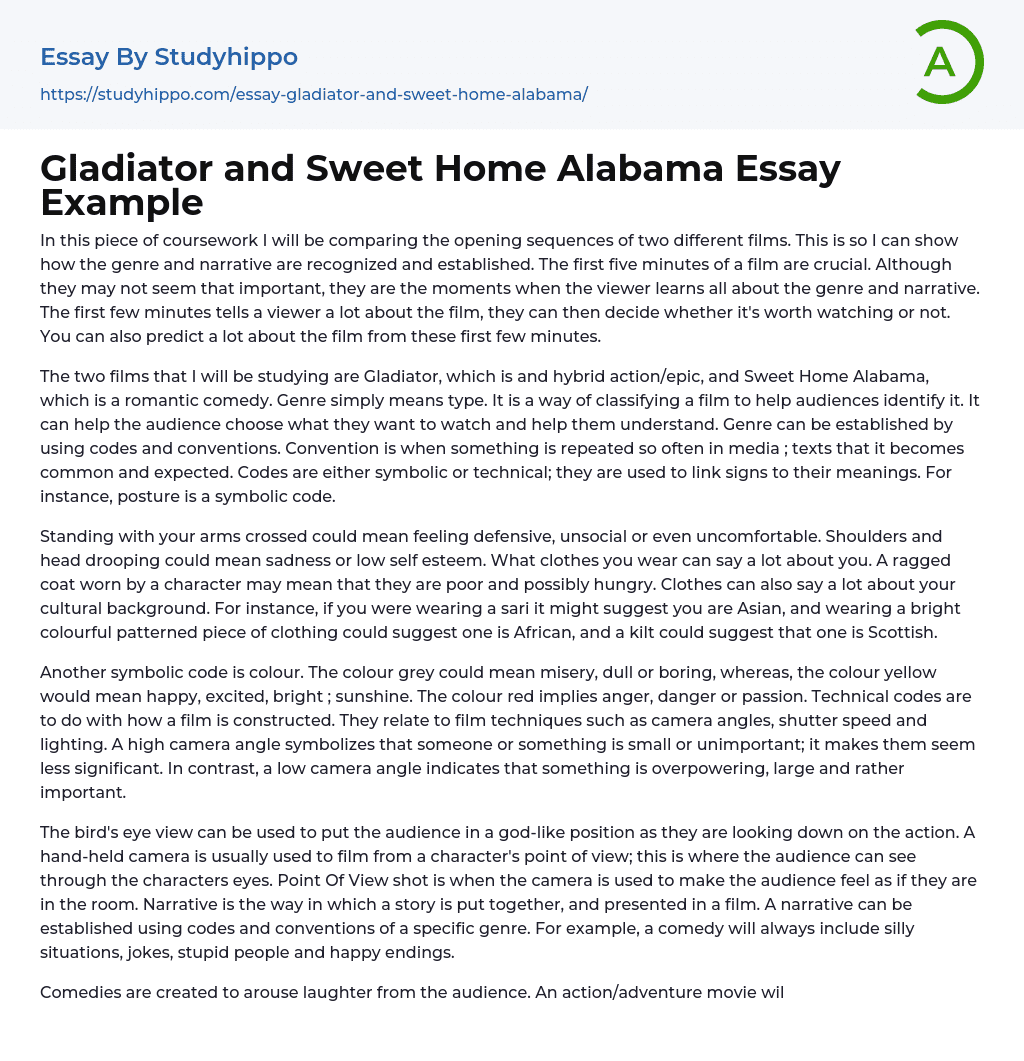 Gladiator and Sweet Home Alabama Essay Example