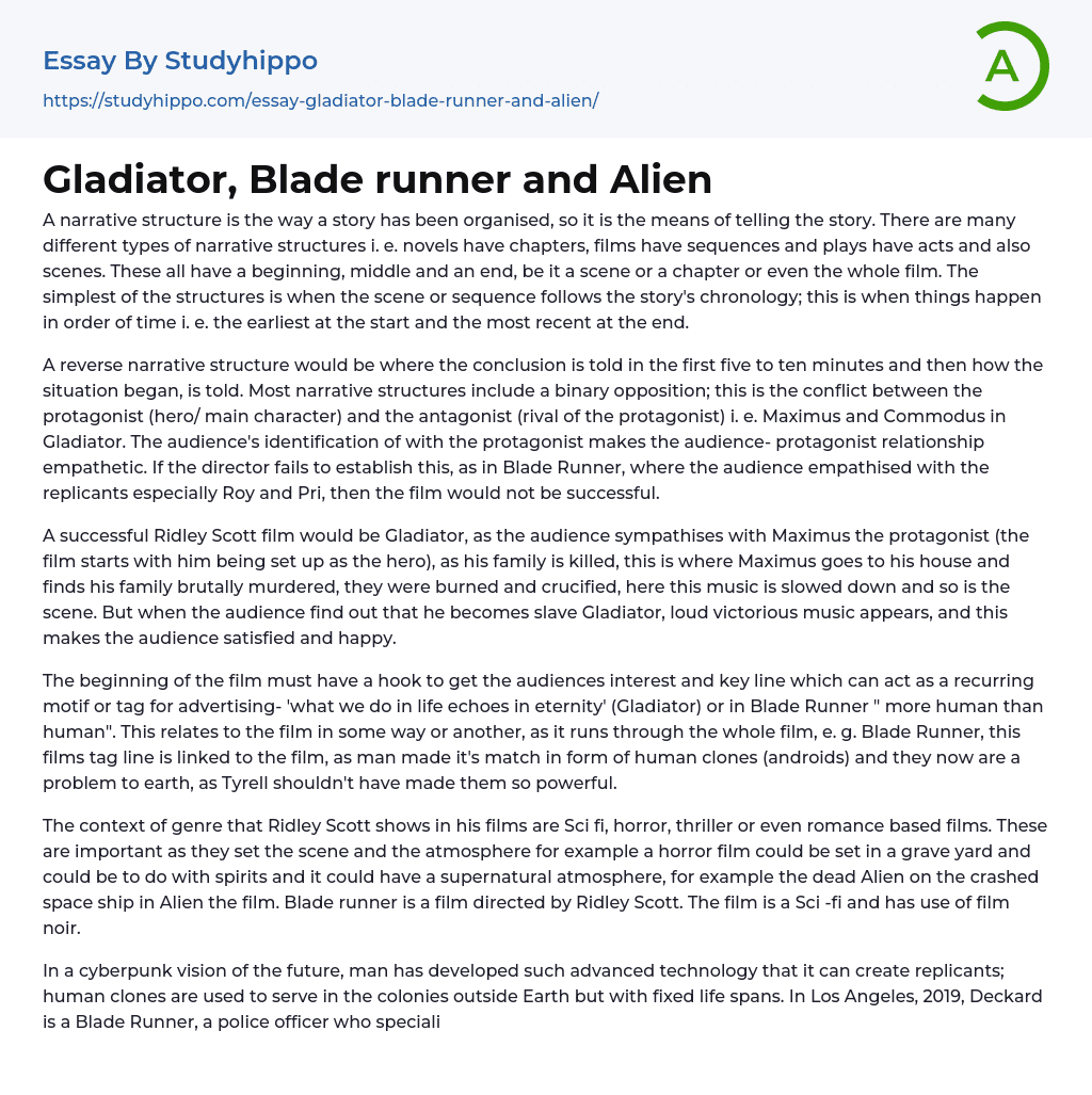 Gladiator, Blade runner and Alien Essay Example