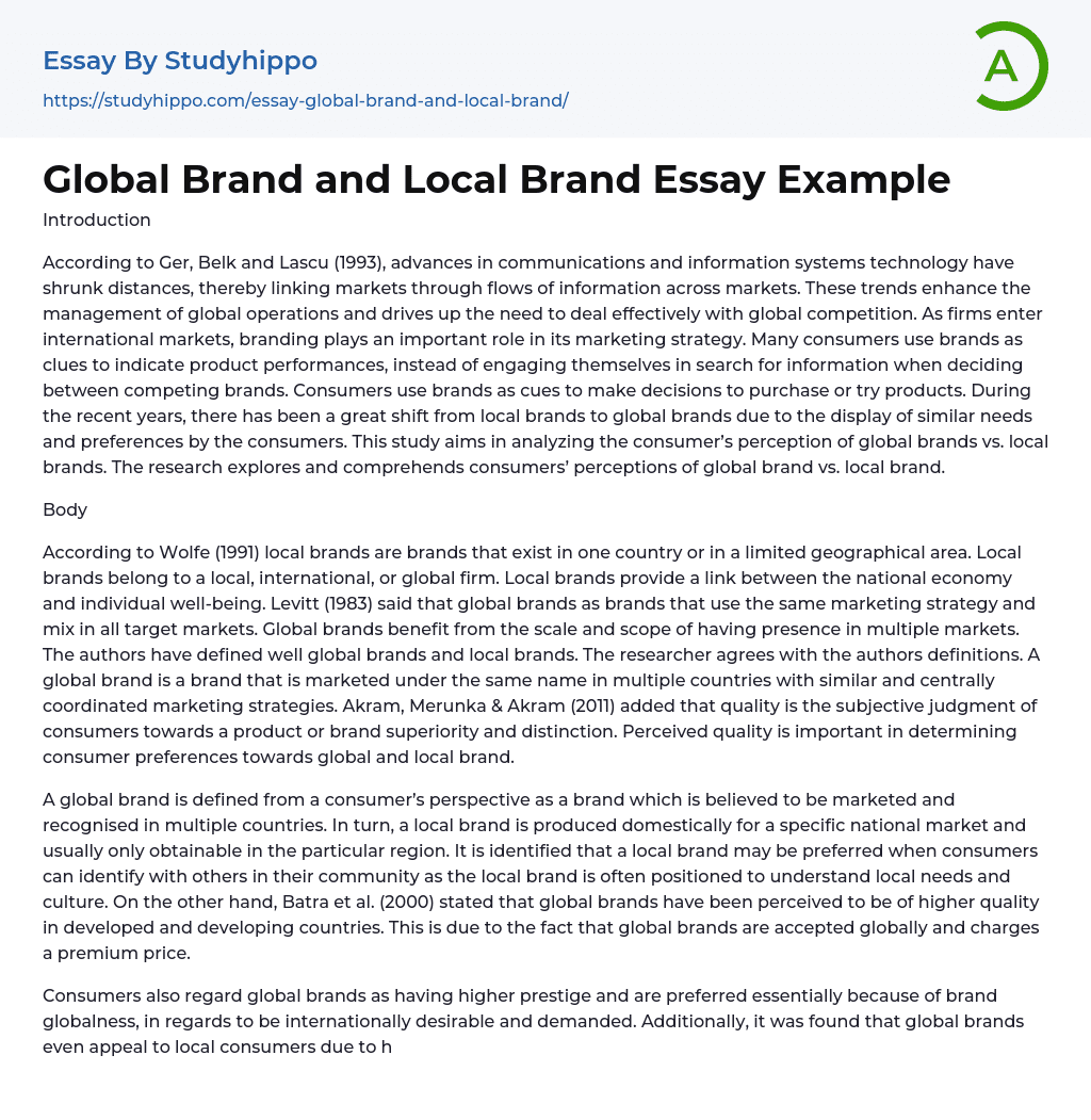Global Brand and Local Brand Essay Example