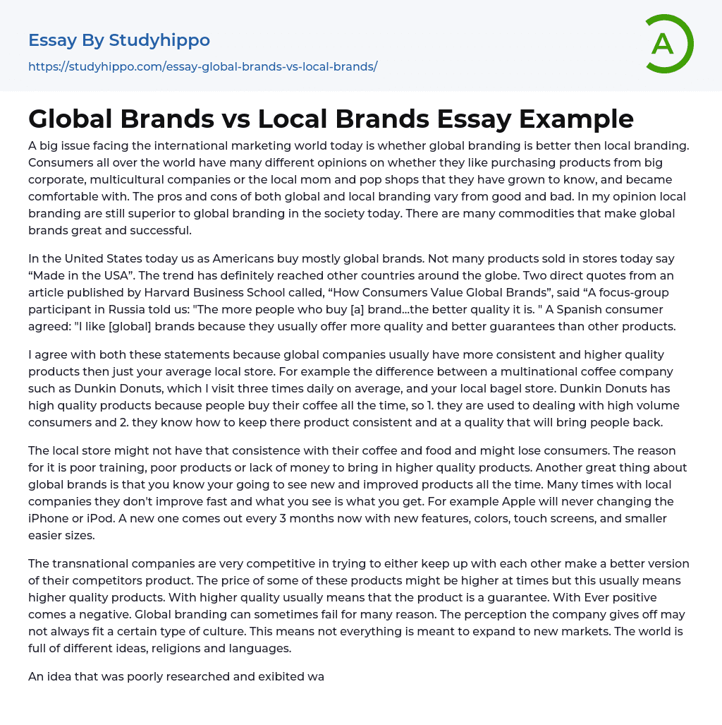 Global Brands vs Local Brands Essay Example