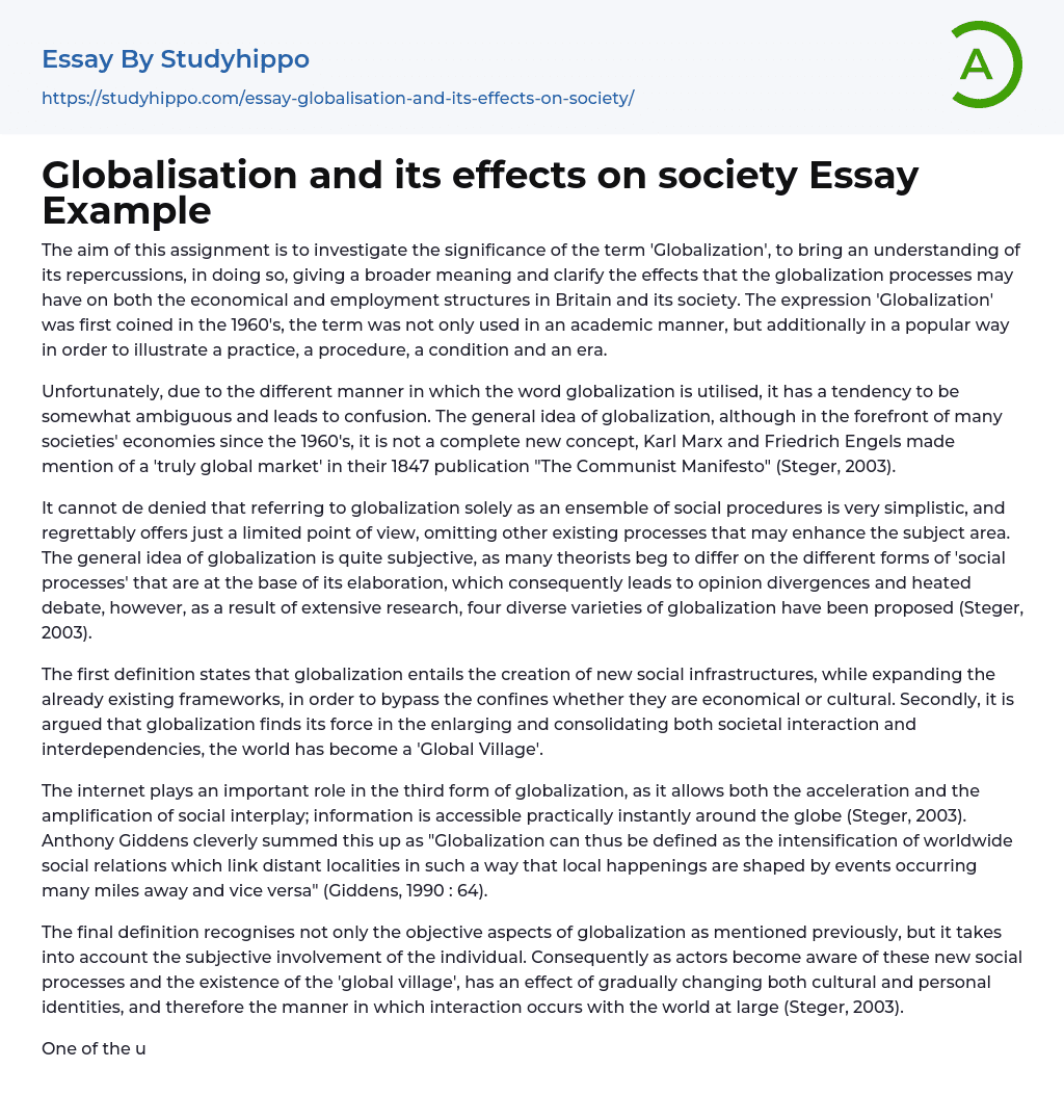 Globalisation and its effects on society Essay Example