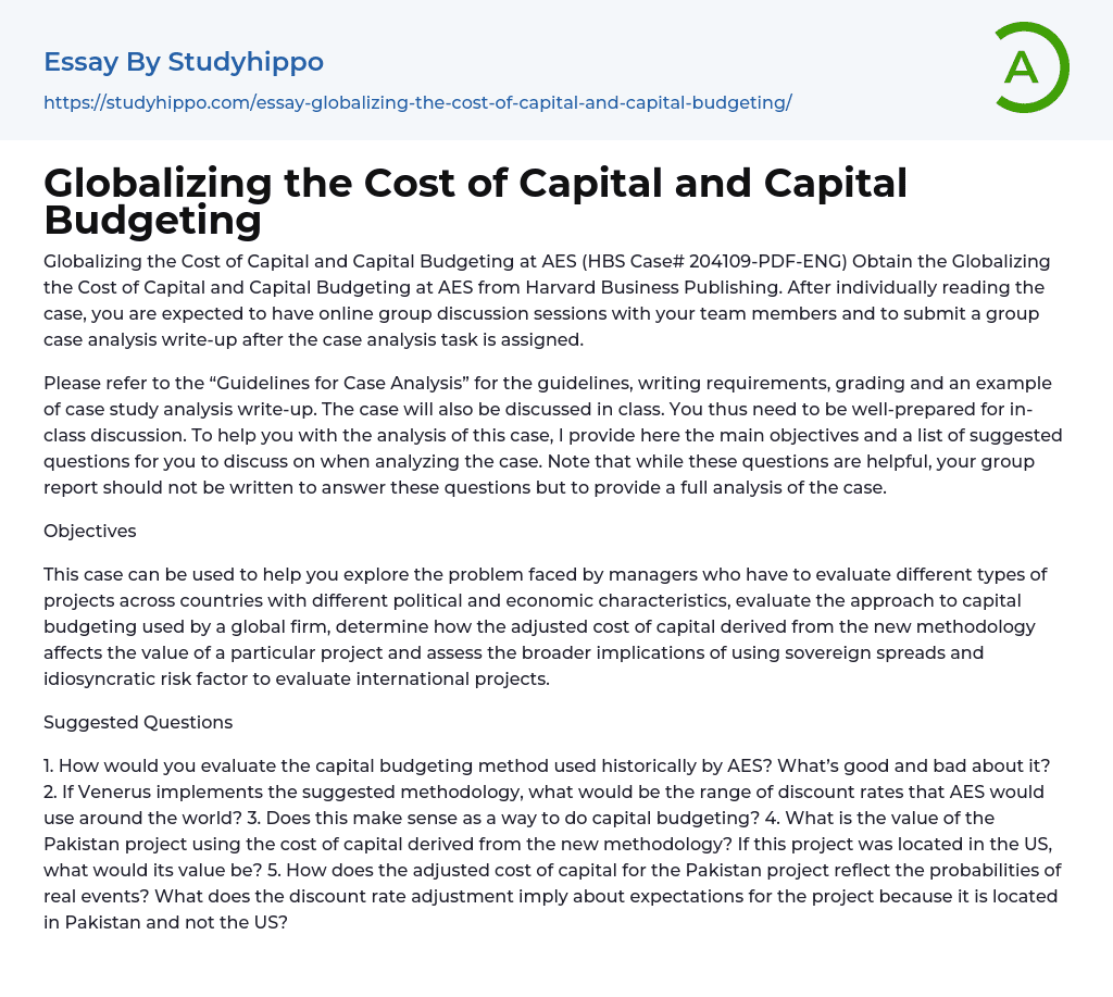 Globalizing the Cost of Capital and Capital Budgeting Essay Example