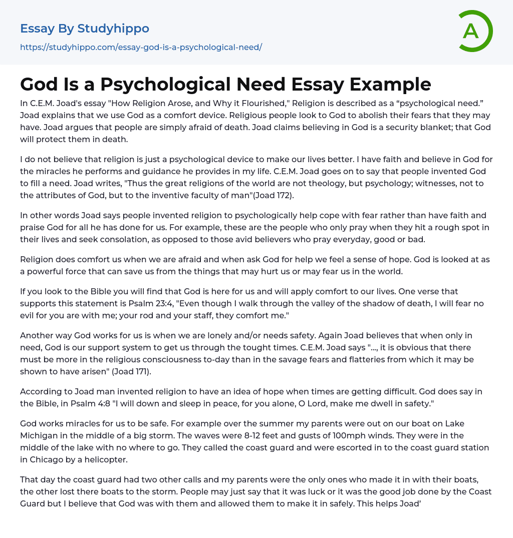 God Is a Psychological Need Essay Example