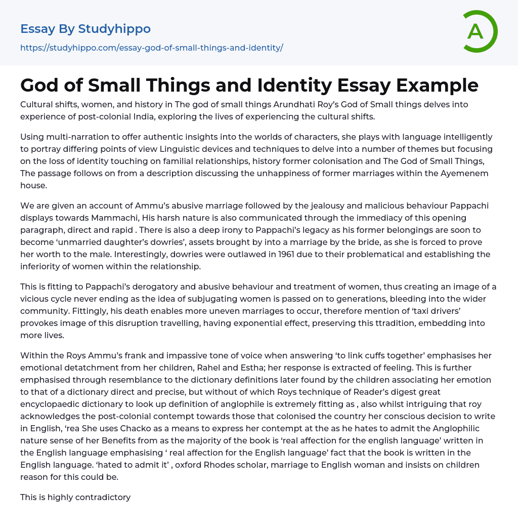 God of Small Things and Identity Essay Example