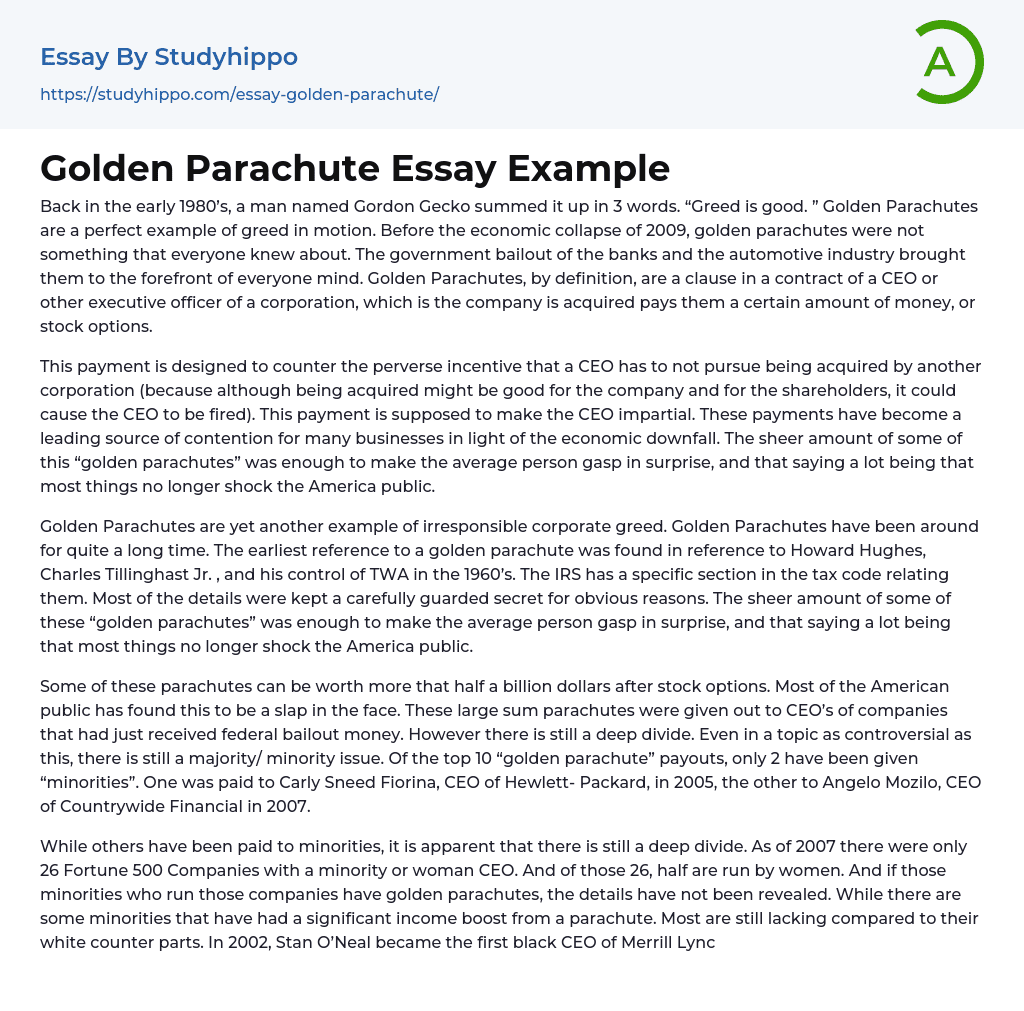 Golden Parachute Essay Example