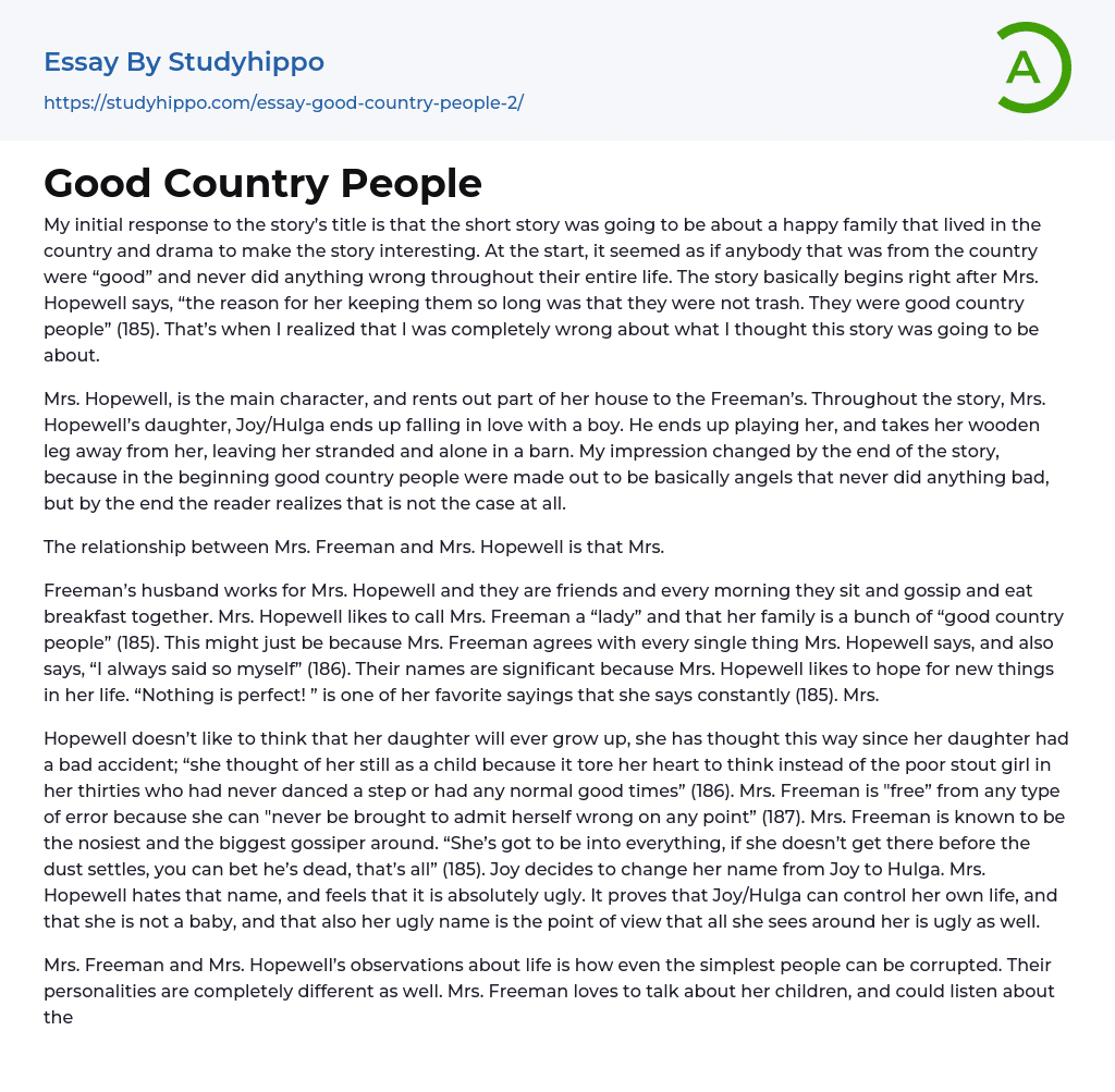 Good Country People Essay Example