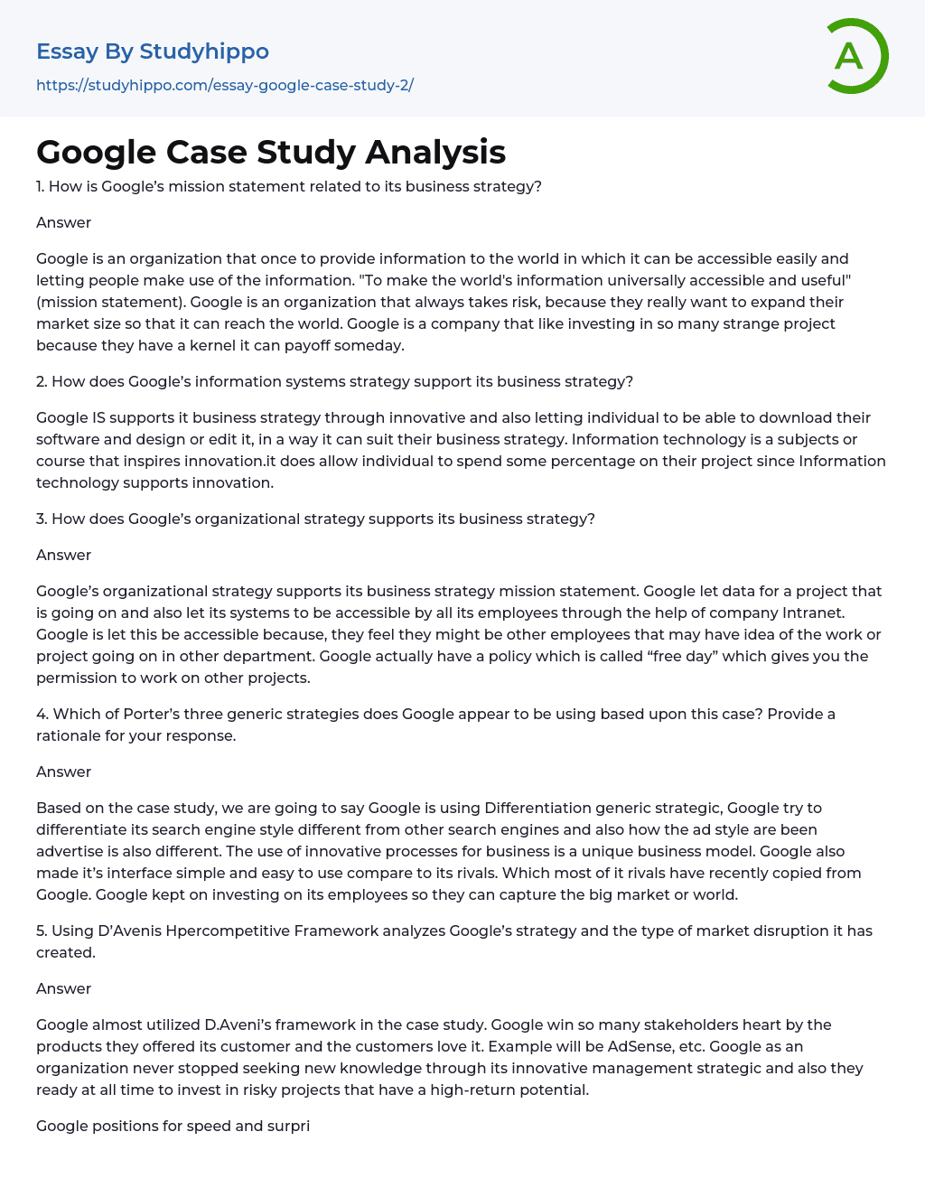 Google Case Study Analysis Essay Example